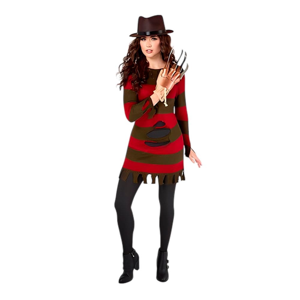 Fantasia Vestido Freddy Krueger Feminino Adulto Festa Halloween Filme de Terror Sexta Feira 13 Noite Pesadelo Cosplay