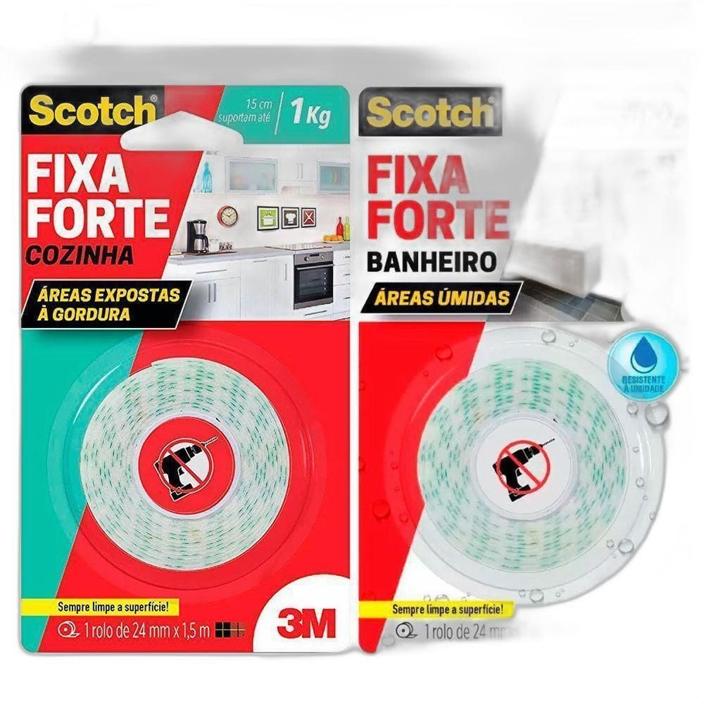 Kit Fita Dupla Face Fixa Forte Banheiro E Cozinha Scotch