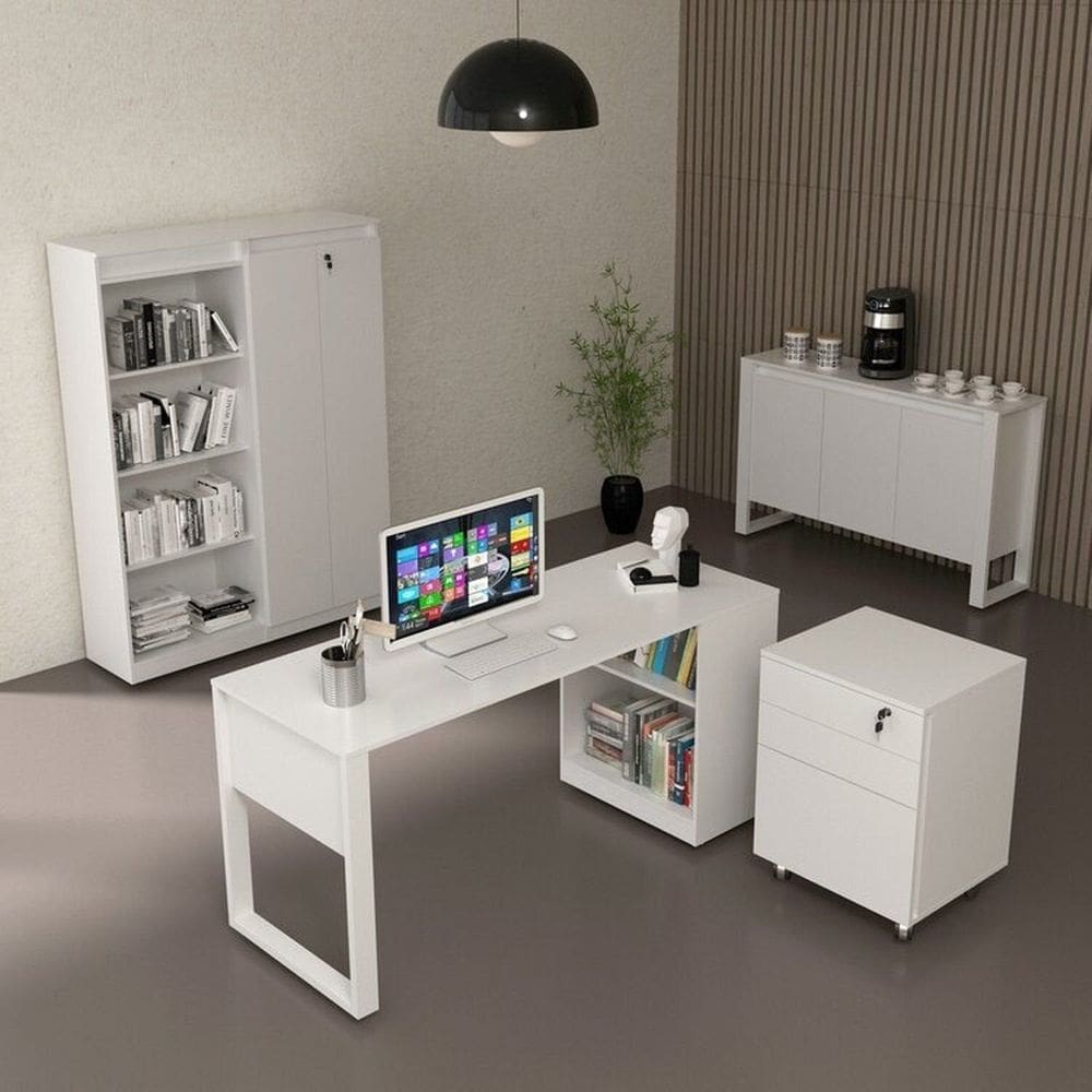 Kit Escritório 5 Peças com 1 Escrivaninhas, 1 Gaveteiro, 1 Estante e 2 Armários Multiuso Branco