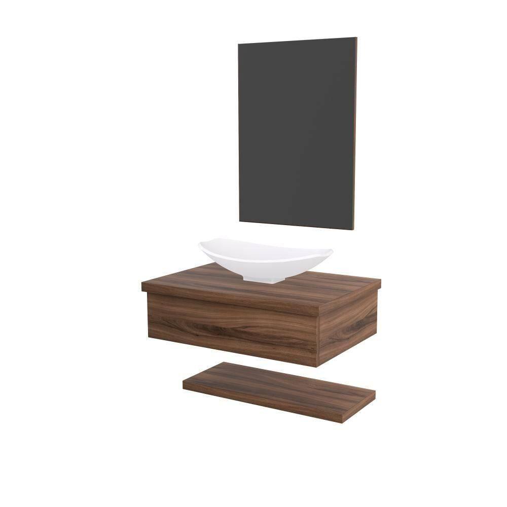Conjunto Bancada C-cuba L45, Prateleira E Espelheira Metrópole 606 Carvalho Dark Nogal