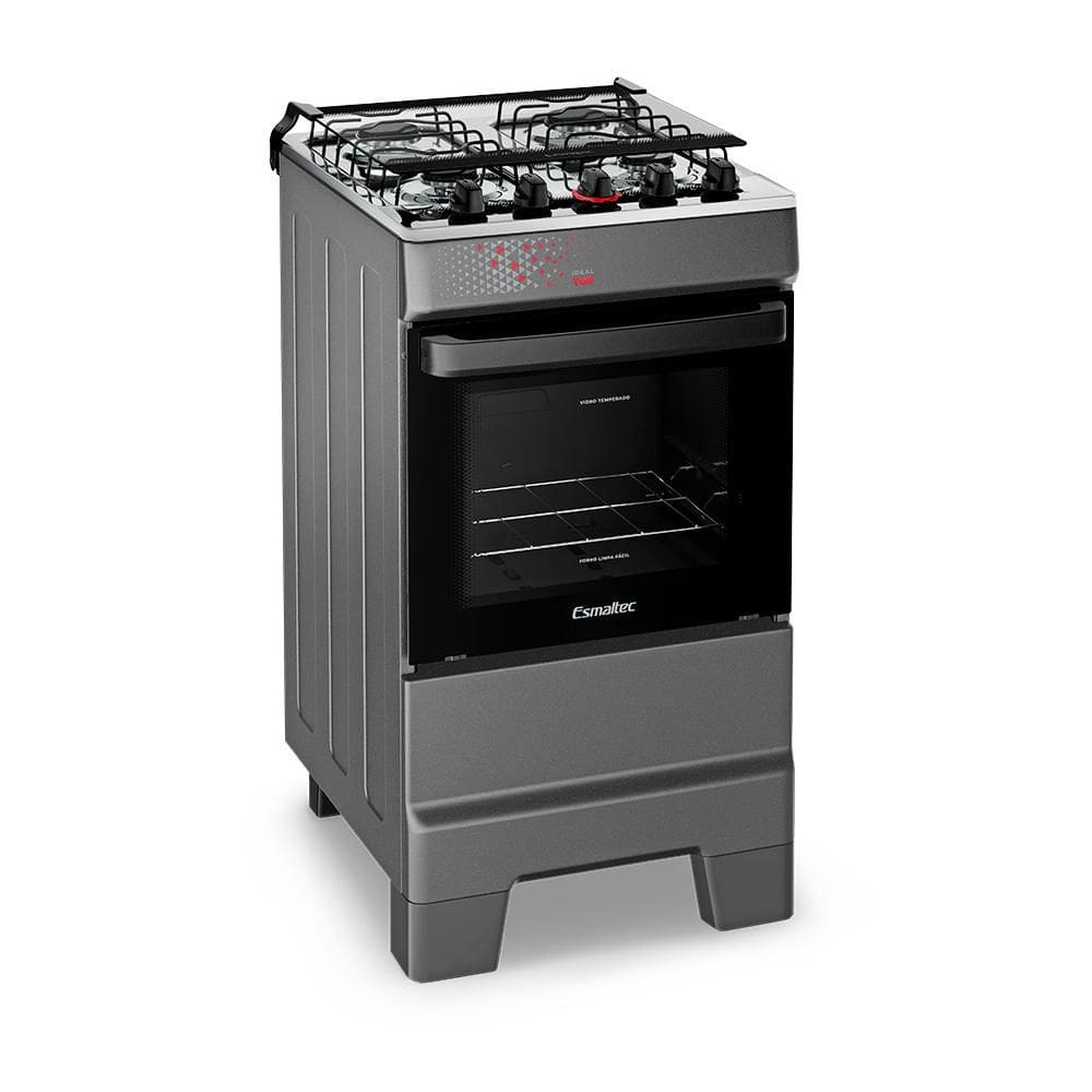 Fogão a Gás Mesa Inox Tampa de Vidro Forno 50L Limpa Fácil e Acendimento Automático Esmaltec IDEAL Top  T4IAT Cor Titanium 4 bocas Bivolt
