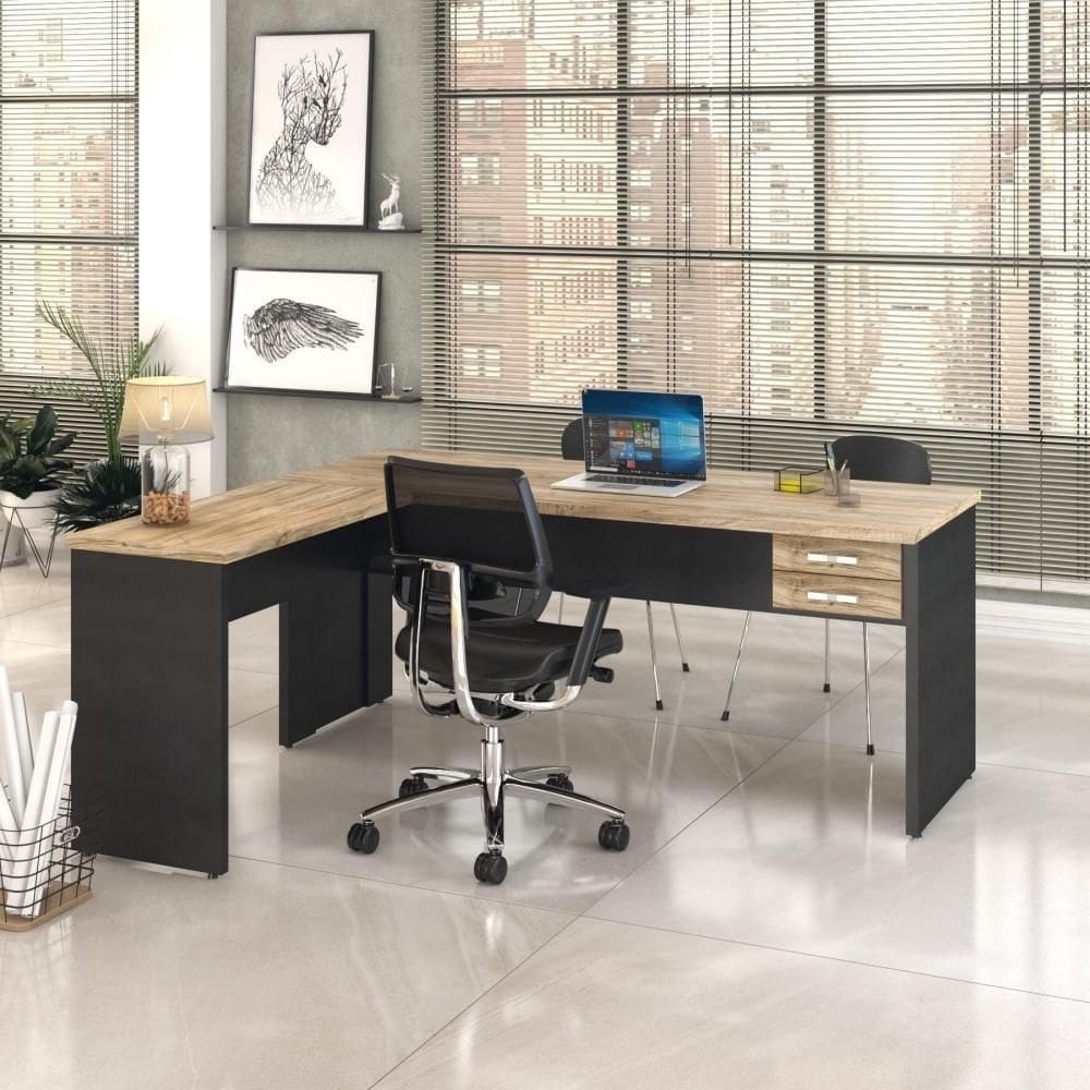 Mesa Para Escritório Em L 1,80x1,60m Tampo E Pés 30mm Com Gaveta Carvalho Compreto Ônix
