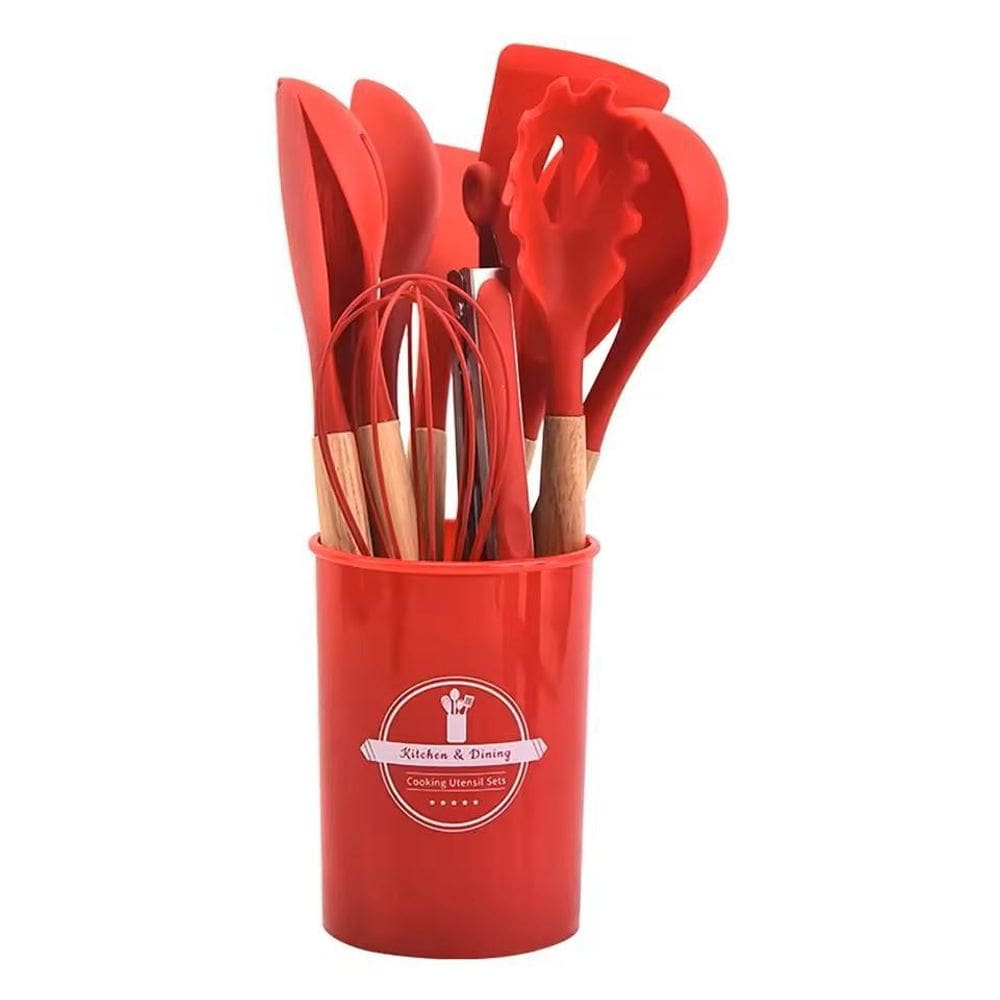 Kit De Utensílios Cozinha Silicone E Bambu 12 Peças-Vermelho