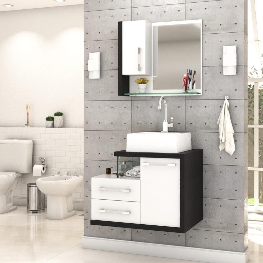 Gabinete Para Banheiro C-cuba Q355 E Espelheira Legno 650 Branco Chess C-preto ônix