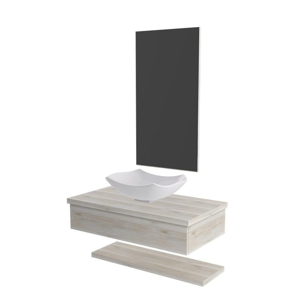 Conjunto Bancada C-cuba L42, Prateleira E Espelheira Metrópole 806 Preto ônix Snow