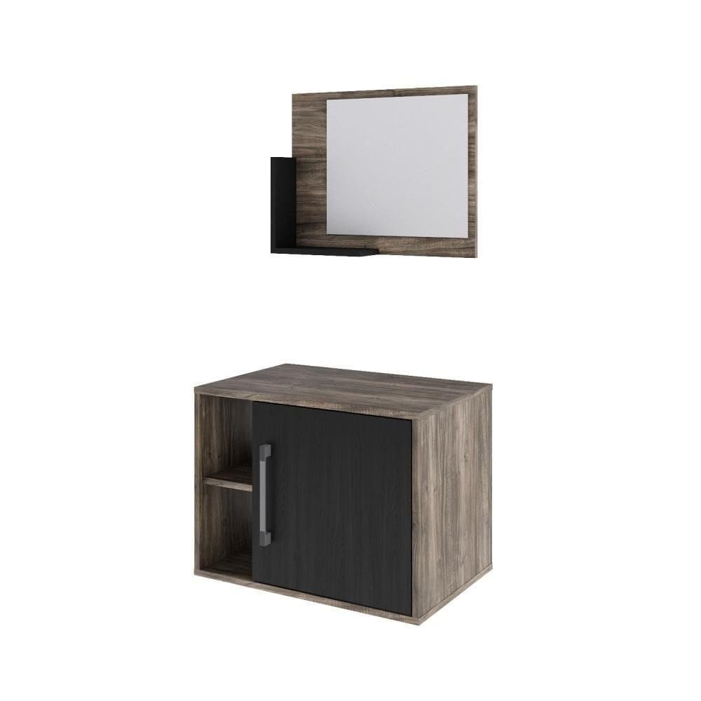 Conjunto Balcão E Espelheira Soft 600 Perffect Acetinado Carvalho Dark C-preto ônix