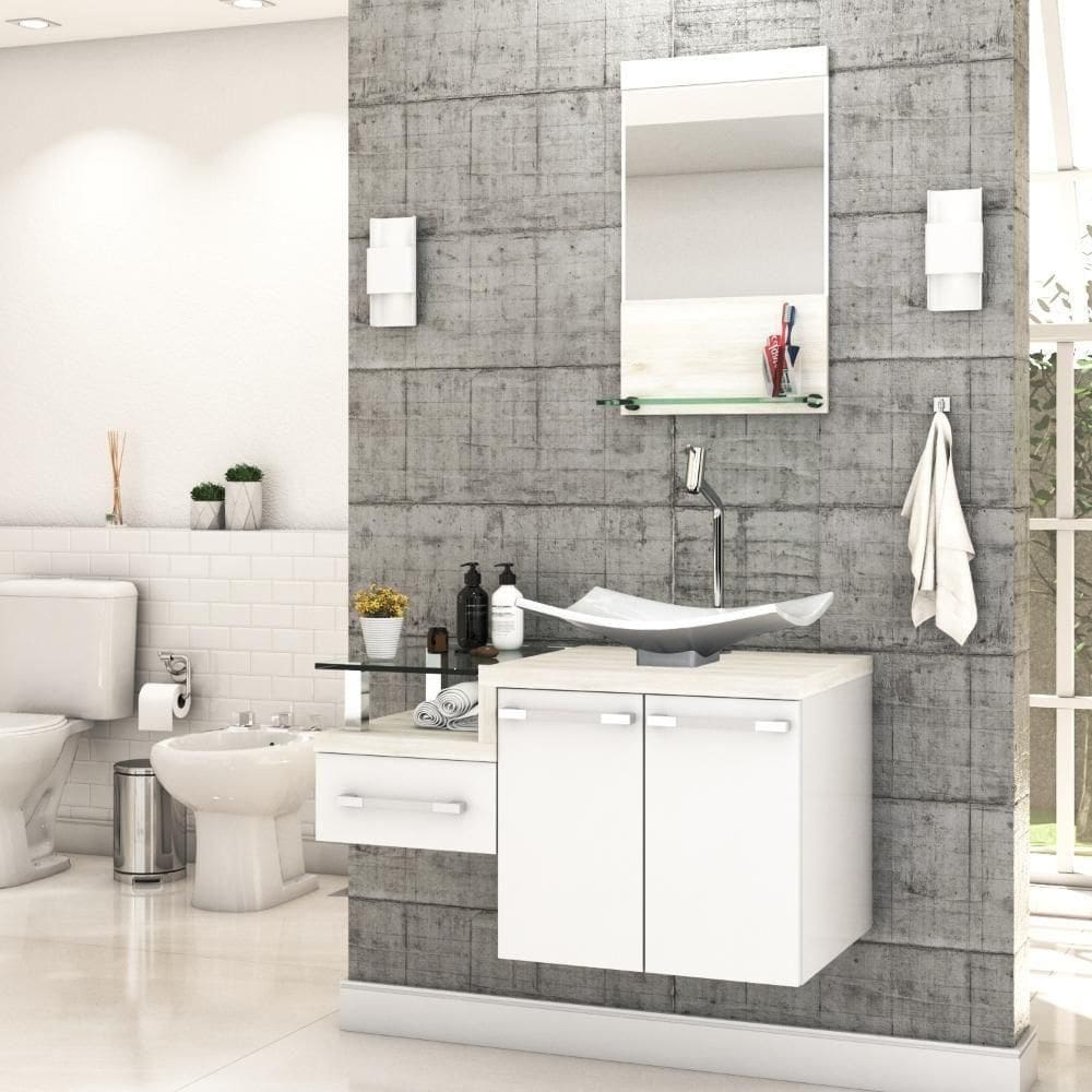 Conjunto Balcão C-cuba F44 E Espelheira Legno 831 Branco Chess C-preto ônix Branco Chess C-snow