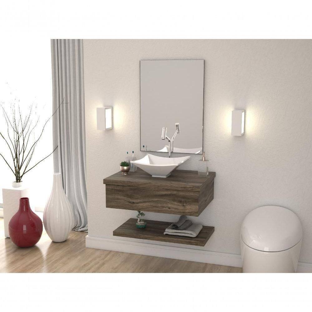 Conjunto Bancada C-cuba L30, Prateleira E Espelheira Metrópole 606 Carvalho Carvalho Dark