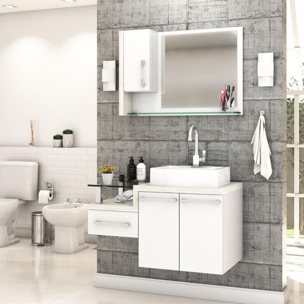 Conjunto Balcão C-cuba Aria 41 E Espelheira Legno 830 Branco Chess C-preto ônix Branco Chess C-snow