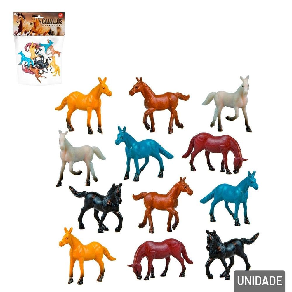 KIT Animais de Plástico 12 Peças Cavalo Selvagens - Tudo em Caixa