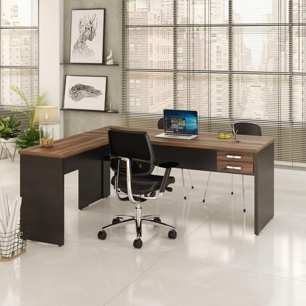 Mesa Para Escritório Em L 1,80x1,60m Tampo E Pés 30mm Com Gaveta Nogal Compreto Ônix