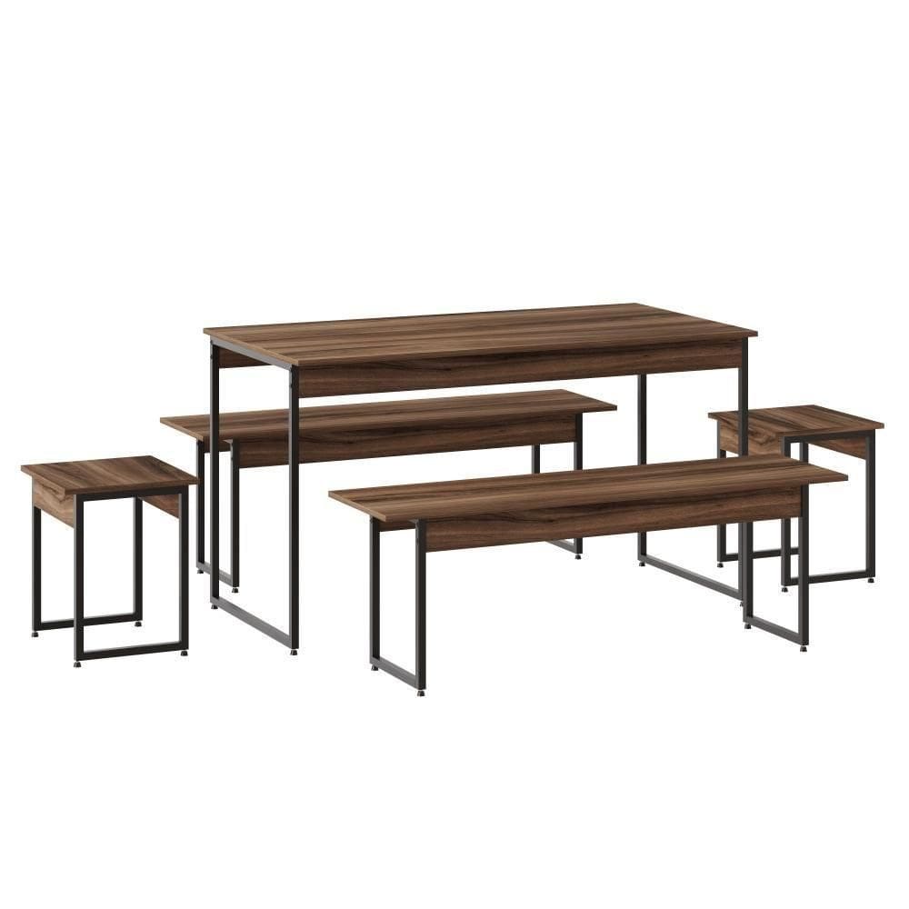 Mesa De Jantar Com 2 Bancos E 2 Banquetas Industrial Tub Nogal /