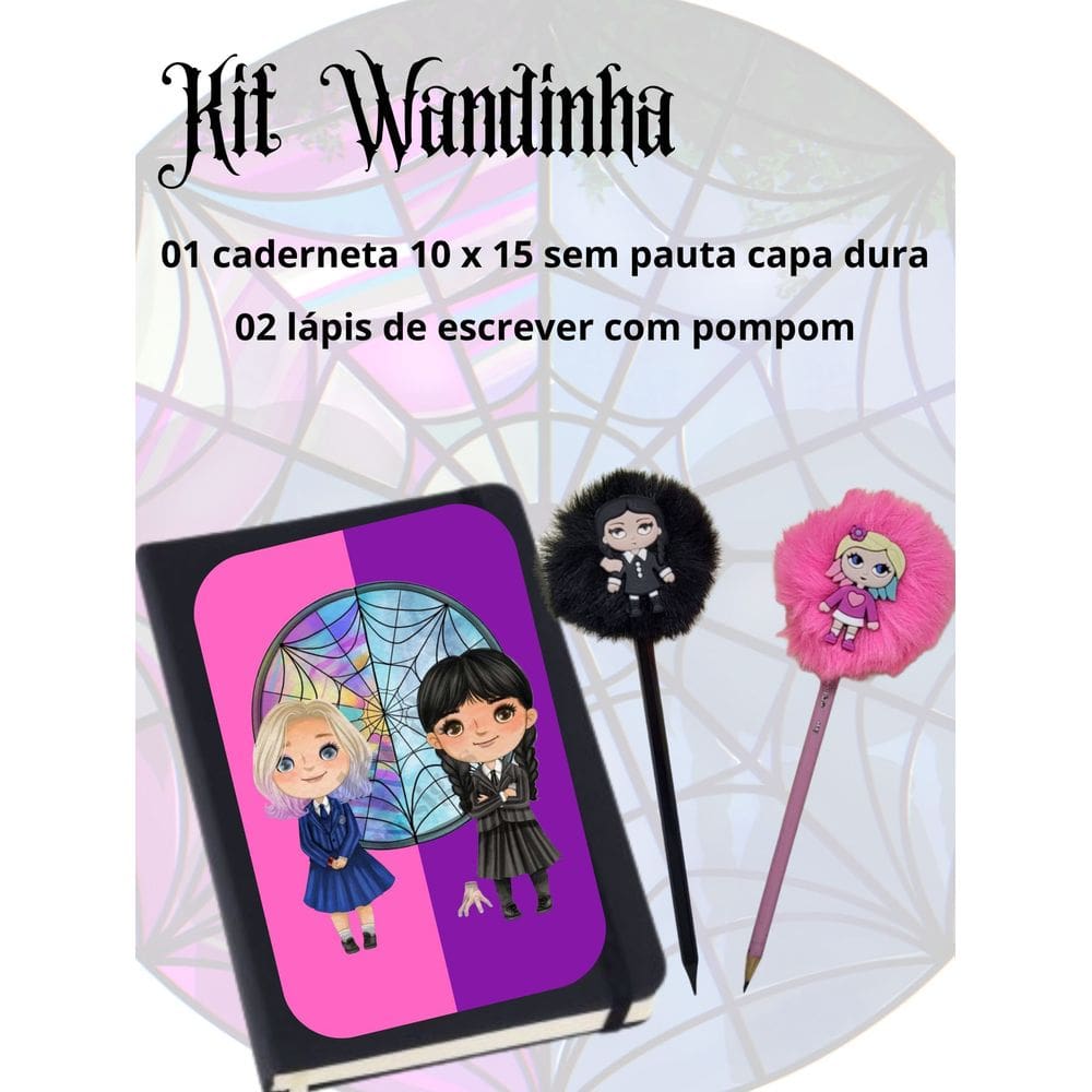 Kit Wandinha Vandinha Eneide amiga Caderneta de anotações lapis pompom papelaria presente dia crianças
