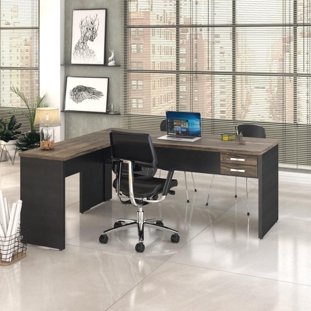Mesa Para Escritório Em L 1,80x1,60m Tampo E Pés 30mm Com Gaveta Carvalho Dark Compreto Ônix