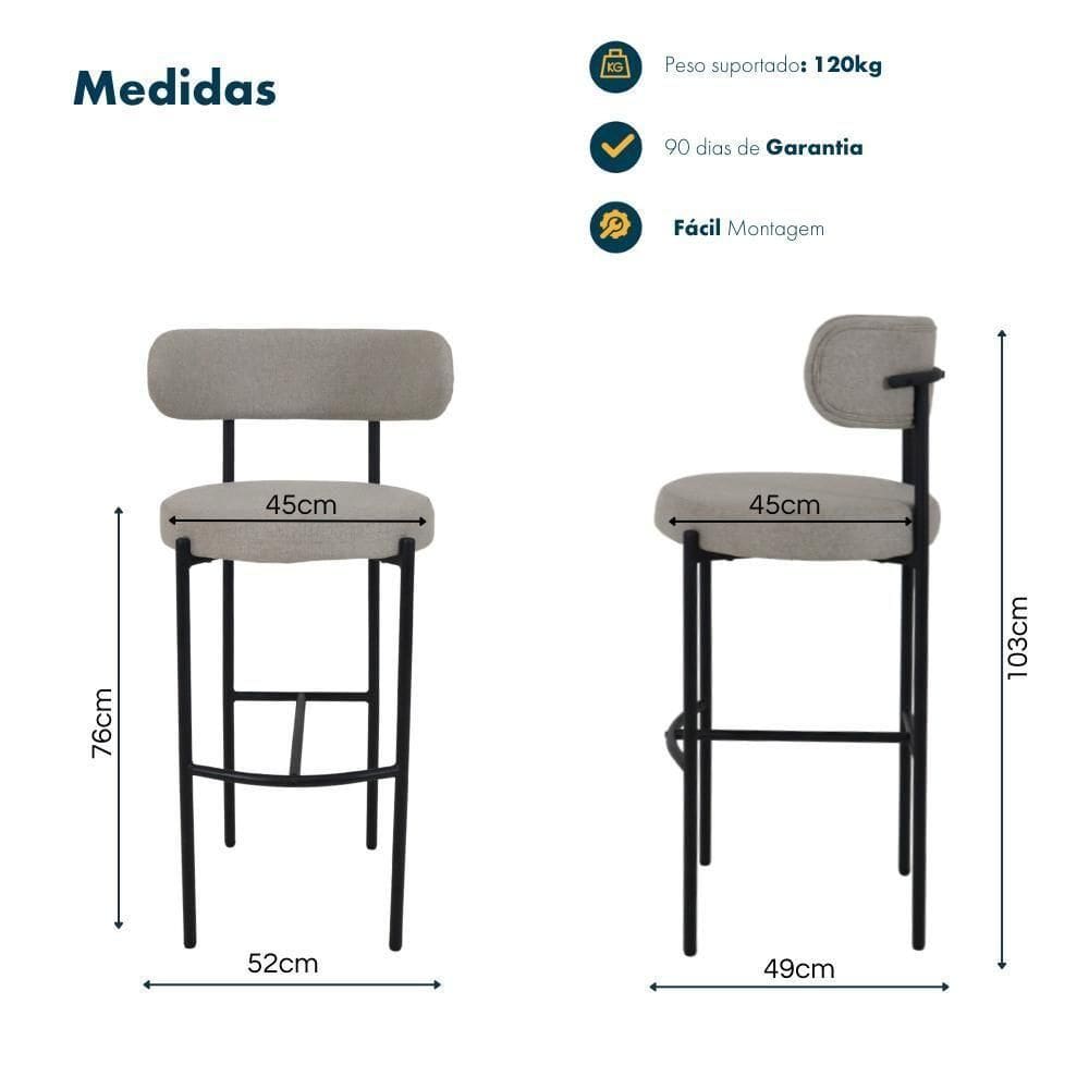 Kit 3 Banquetas Altas Camelia Estofada Linho Cinza Com Encosto Para Cozinha Sala Balcão E Área Gourmet Cinza