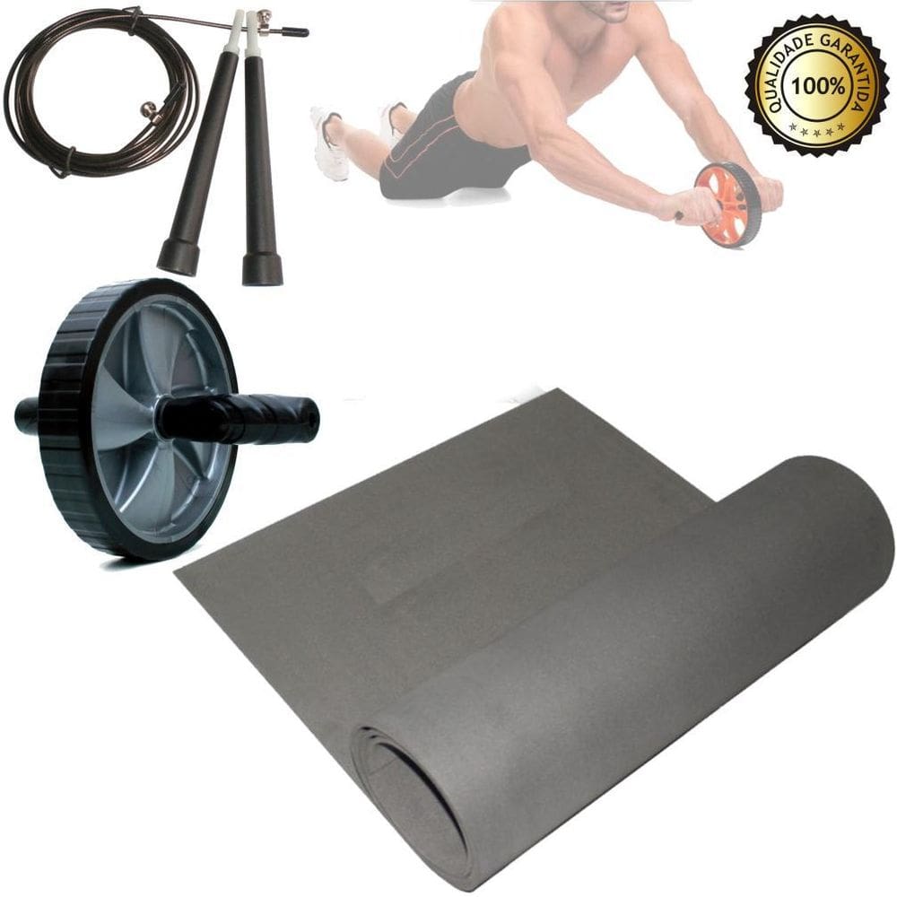 Kit Fitness Preto + Roda Abdominal + Corda Crossfit