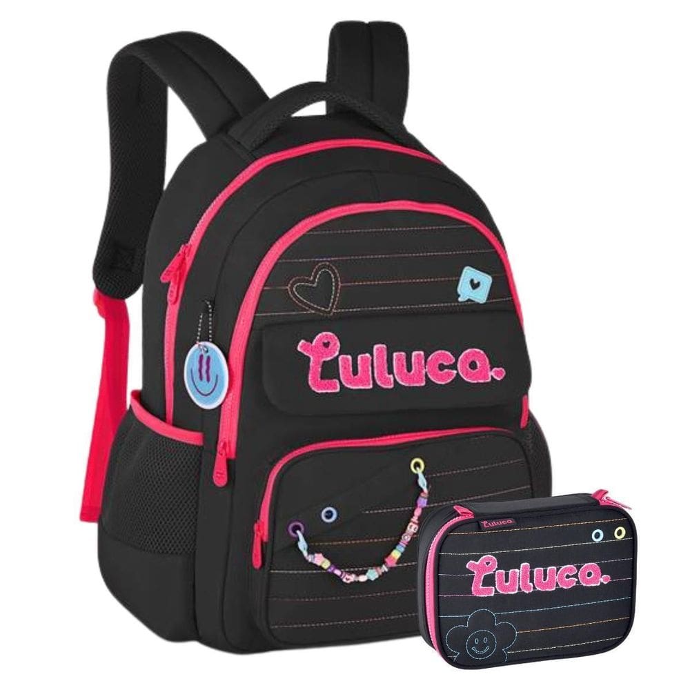 Kit Mochila De Costas Escolar Luluca Com Estojo Box - Preto