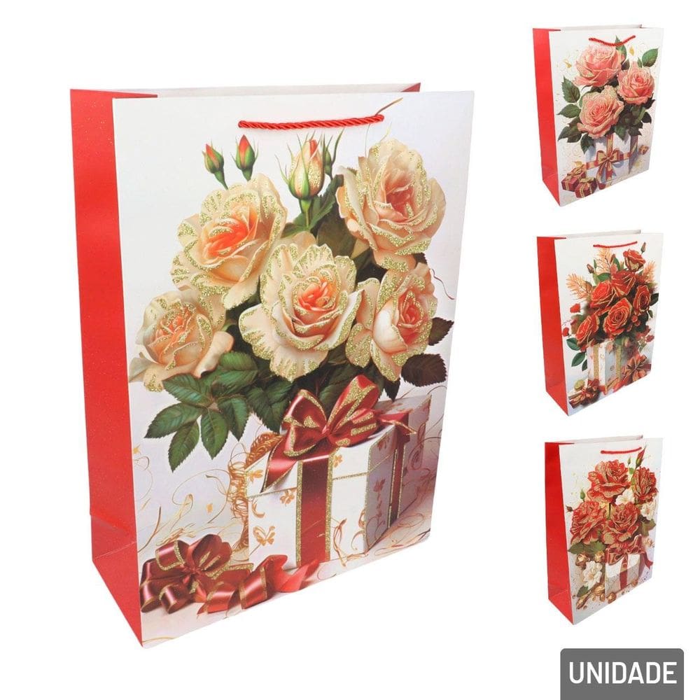 Sacola de Papel 41x30cm Flores Glitter - Tudo em Caixa