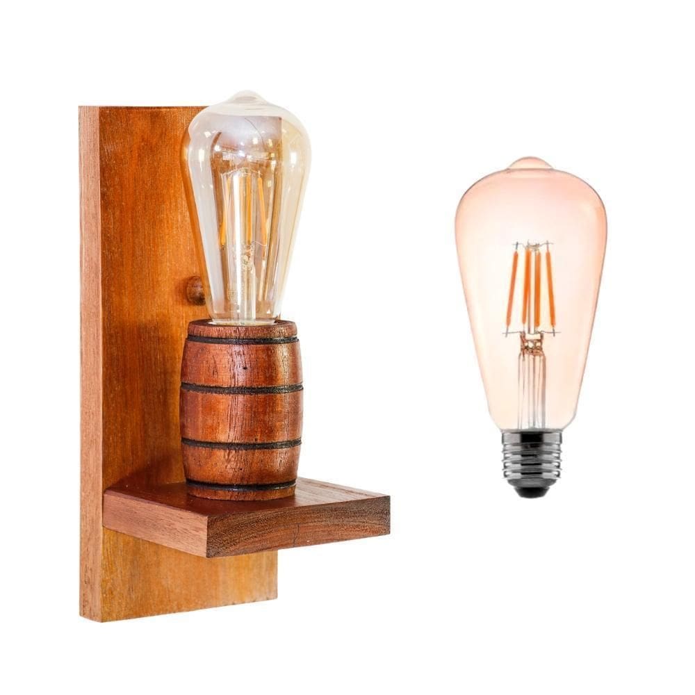 Arandela Barril Delenha Decor Madeira Mogno + Lâmpada
