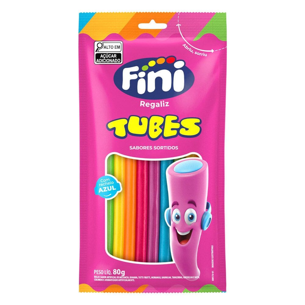 Balas Fini Tubes Arco Iris com Recheio Azul Sabores 80g