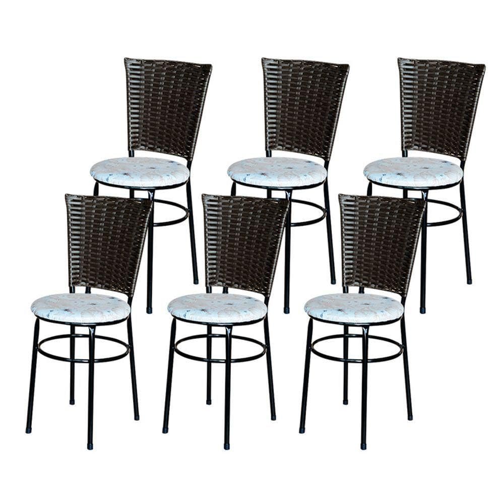 6 Cadeiras Para Mesa Preta Hawai Marrom Assento Floral Areia