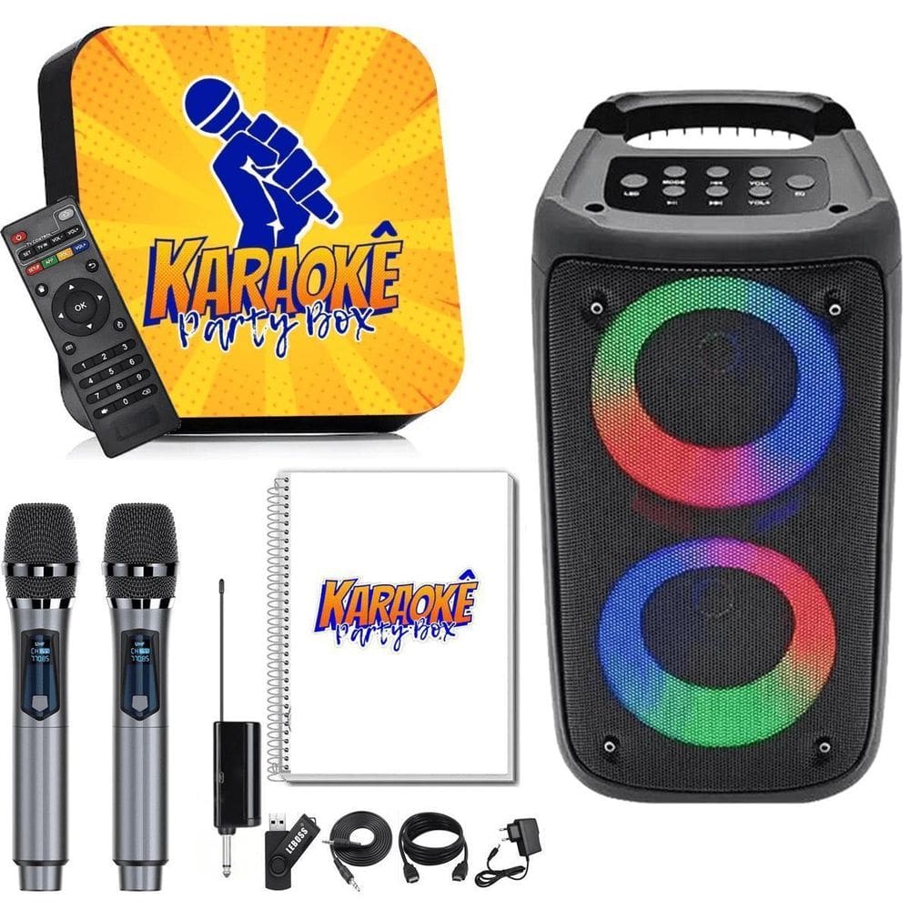 Karaoke Party Box +2 Mic Sem Fio + Caixa De Som + Catálogo