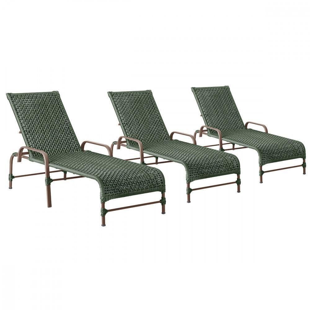 3 Espreguiçadeiras Reclinavel Catar Marrom Corda Nautica Verde