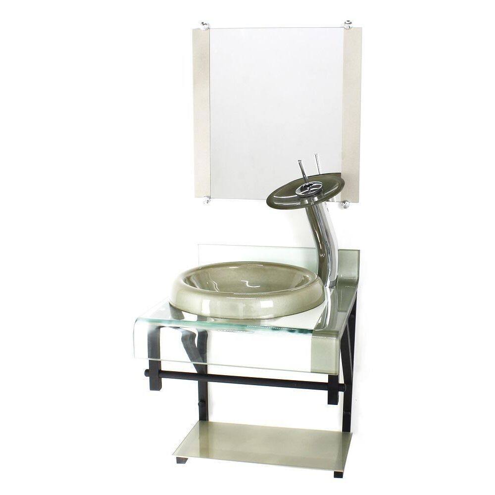 Gabinete Vidro 40Cm Banheiro Curvado Duplo Pp Cuba Chapéu