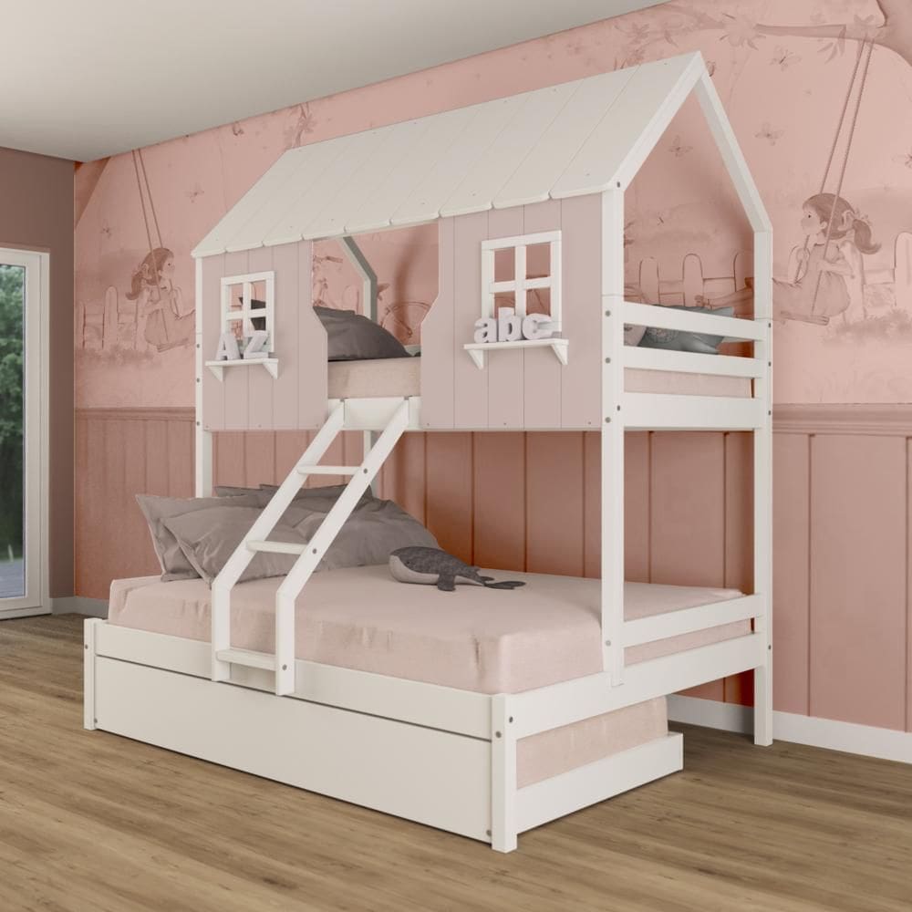 Treliche Casal/ Solteiro Casinha Encantada Madeira Maciça Rosa/ Branco Megamobilia