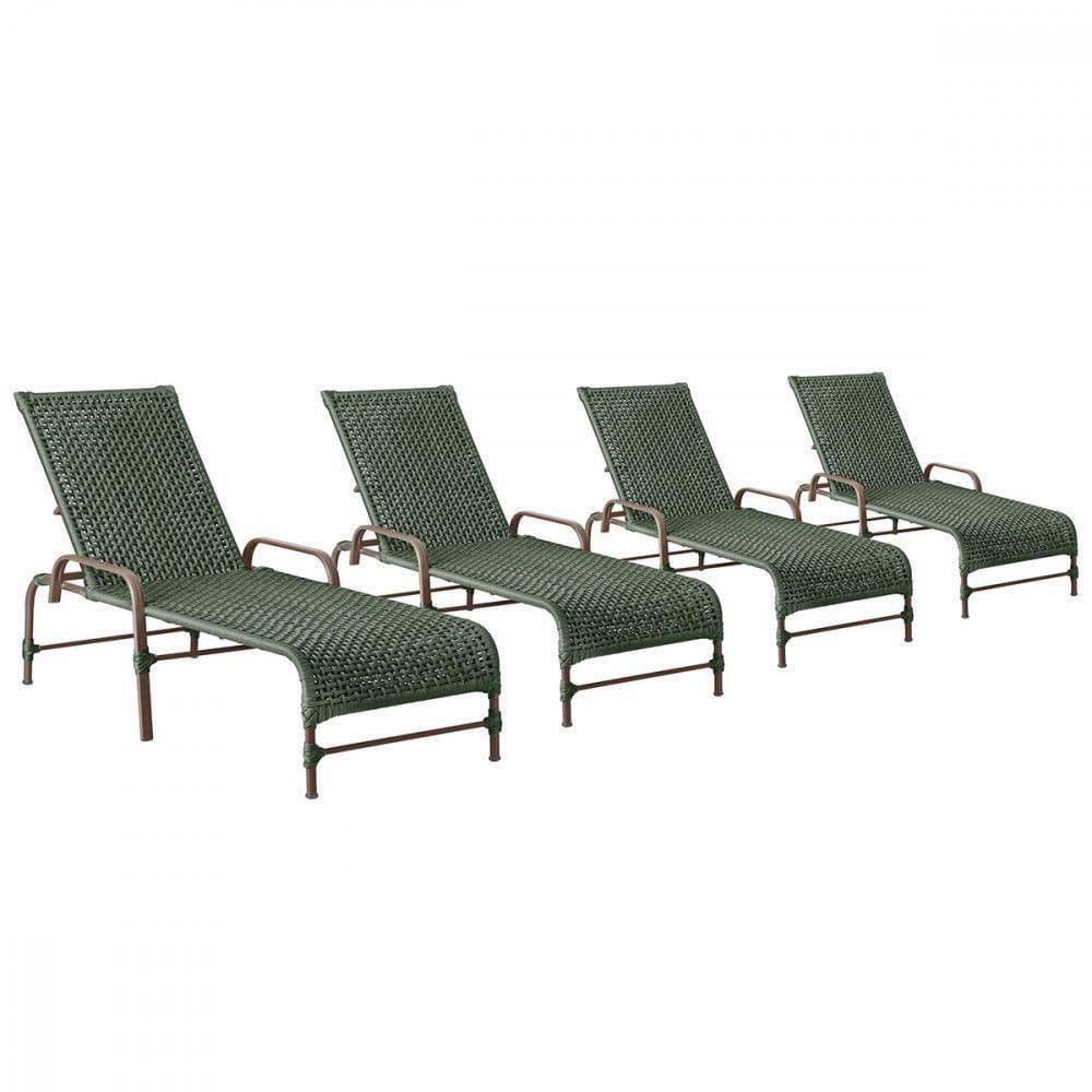4 Espreguiçadeiras Reclinavel Catar Marrom Corda Nautica Verde