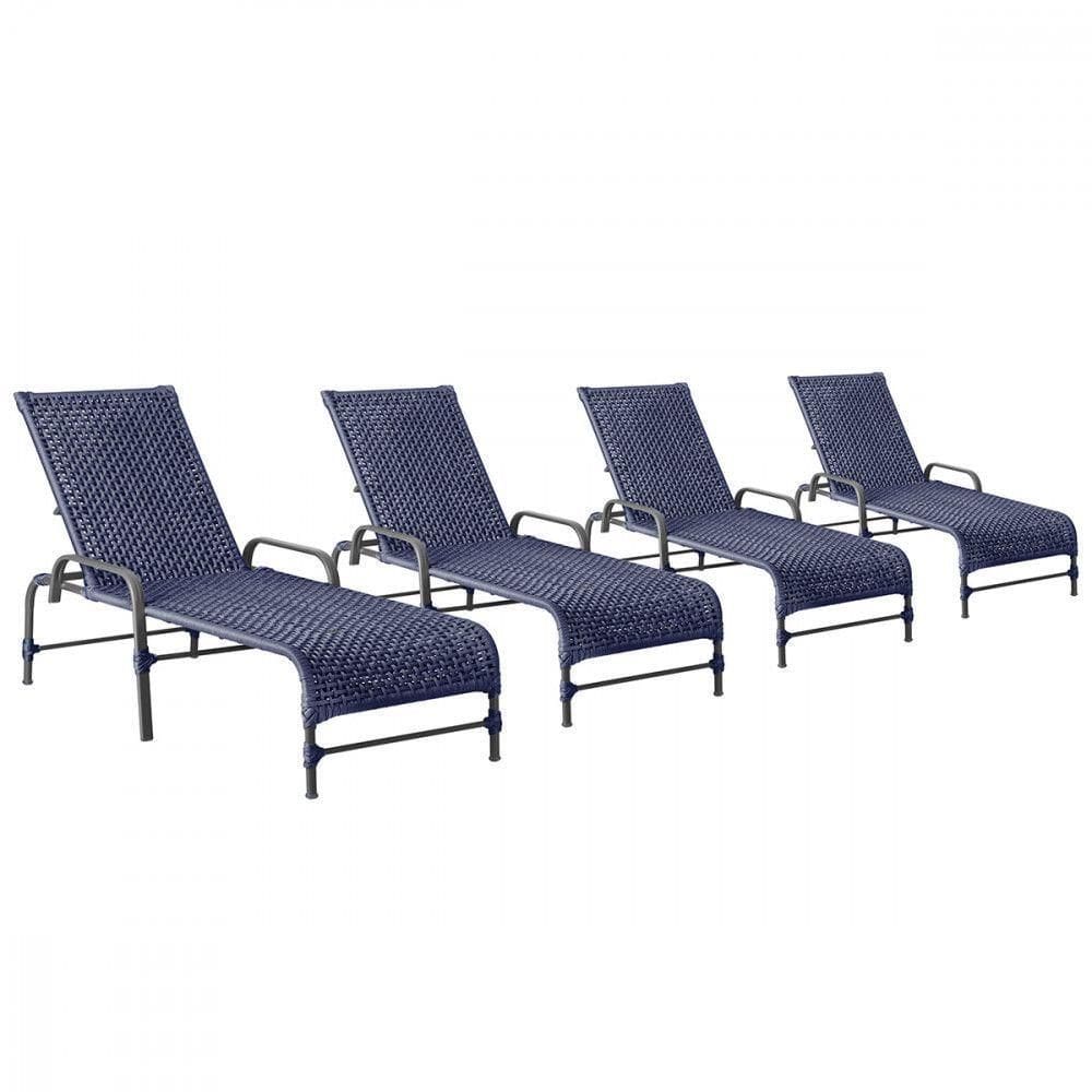 4 Espreguiçadeiras Reclinavel Catar Preto Corda Nautica Azul
