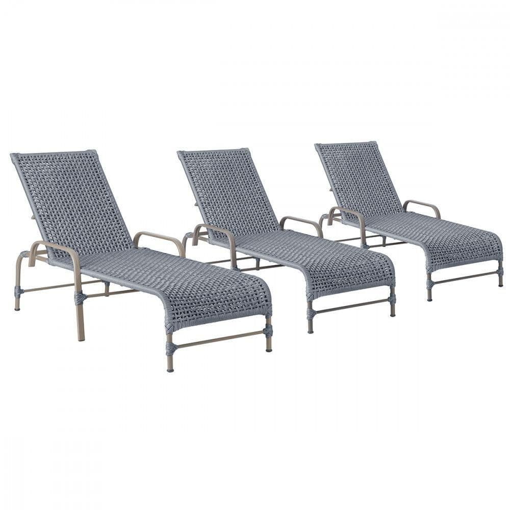 3 Espreguiçadeiras Reclinavel Catar Fendi Corda Nautica Prata
