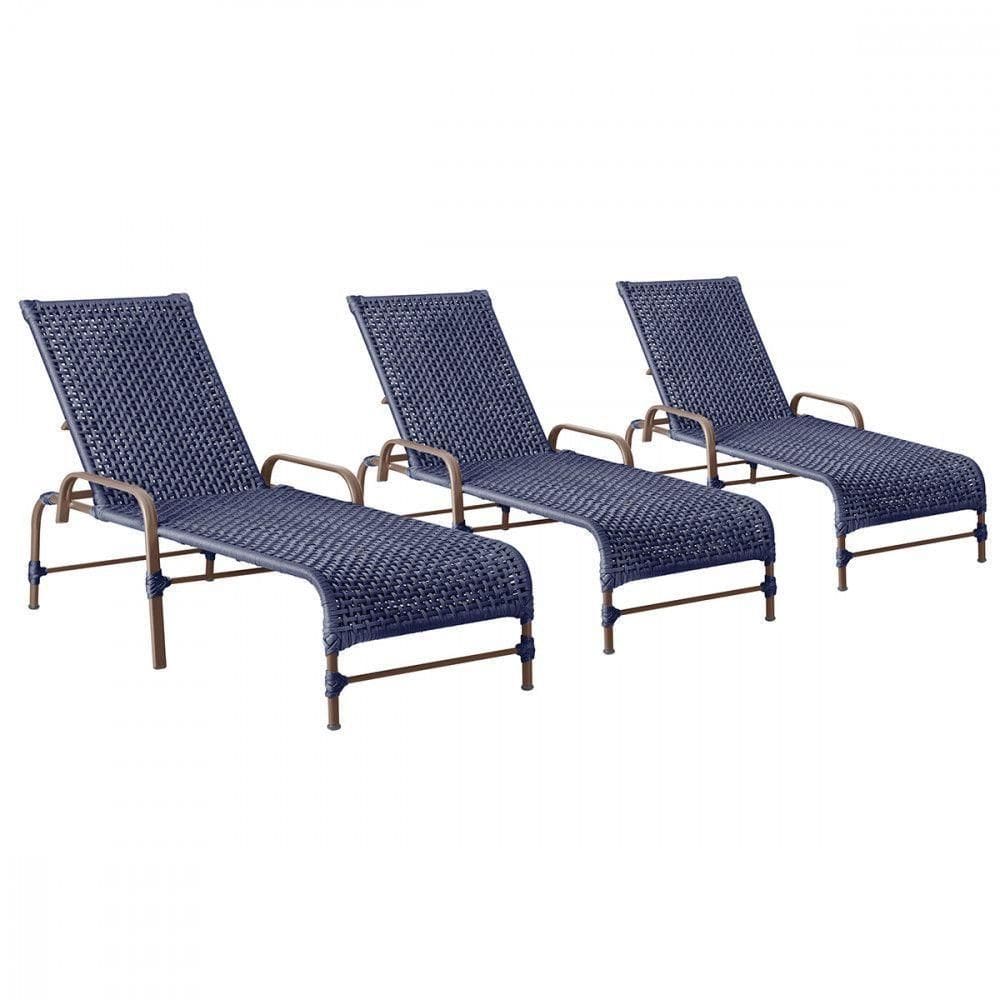 3 Espreguiçadeiras Reclinavel Catar Marrom Corda Nautica Azul