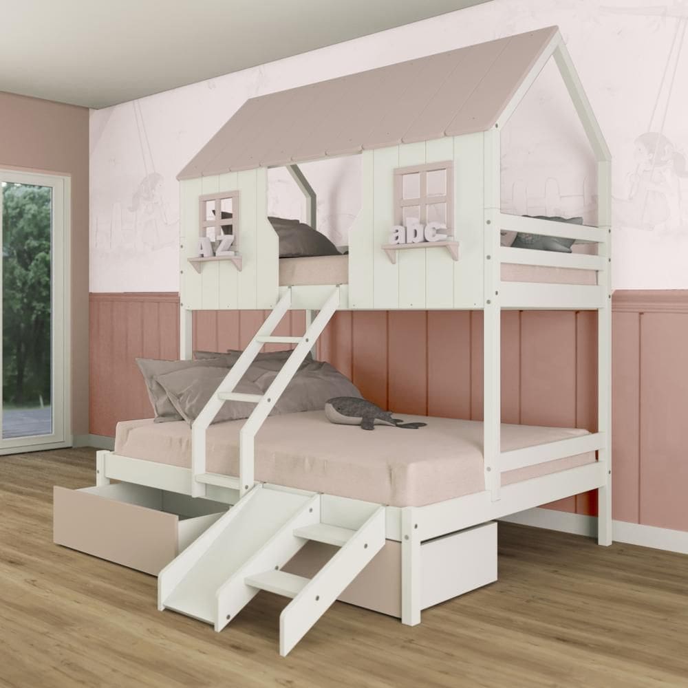 Beliche Casal/ Solteiro Casinha Encantada com 02 Gavetas Kit Escada/ Escorregador Madeira Maciça Branco/ Rosa Megamobilia