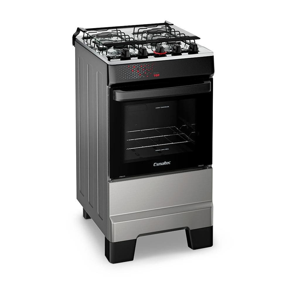 Fogão a Gás Mesa Inox Tampa de Vidro Forno 50L Limpa Fácil e Acendimento Automático Esmaltec IDEAL Top  T4IAI Cor Inox 4 bocas Bivolt