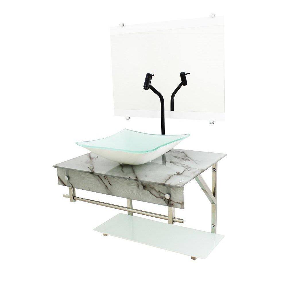 Gabinete De Vidro 70Cm Inox Quadrada Mármore Branco