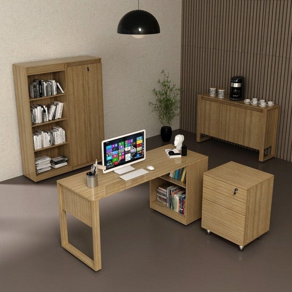 Kit Escritório 5 Peças com 1 Escrivaninhas, 1 Gaveteiro, 1 Estante e 2 Armários Multiuso Amendoa