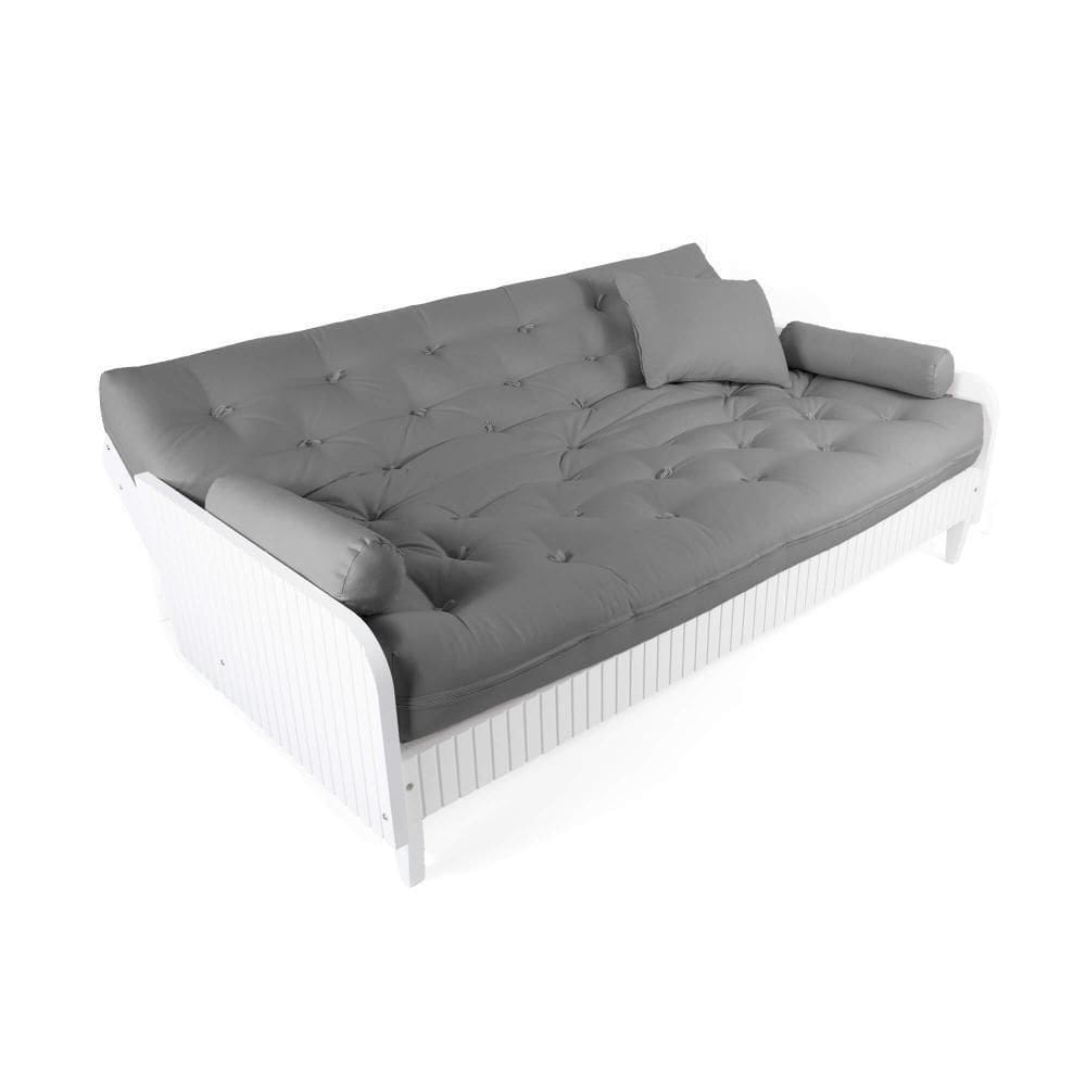 Sofá Cama Paris Ripado Branco Sarja Cinza Madeira Nobre