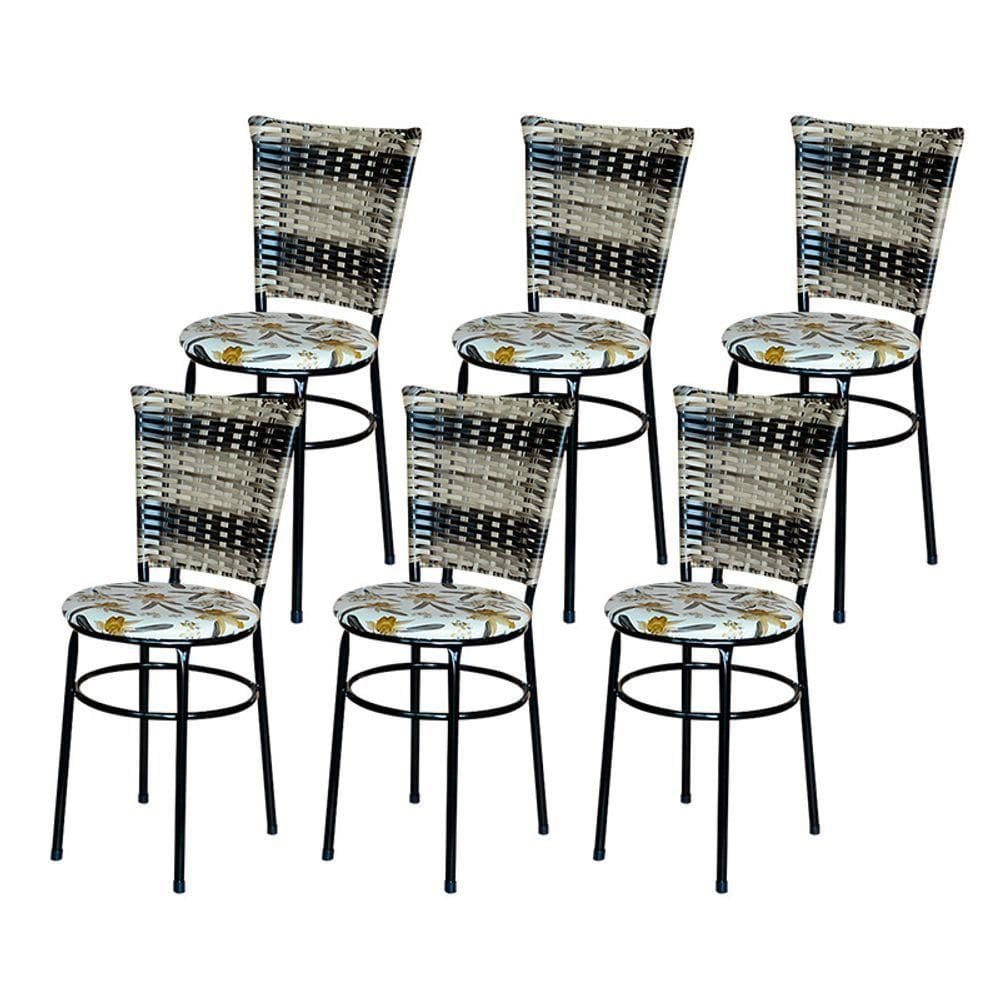 6 Cadeiras Para Cozinha Preta Hawai Cappuccino Premium Assento Floral Orquídea