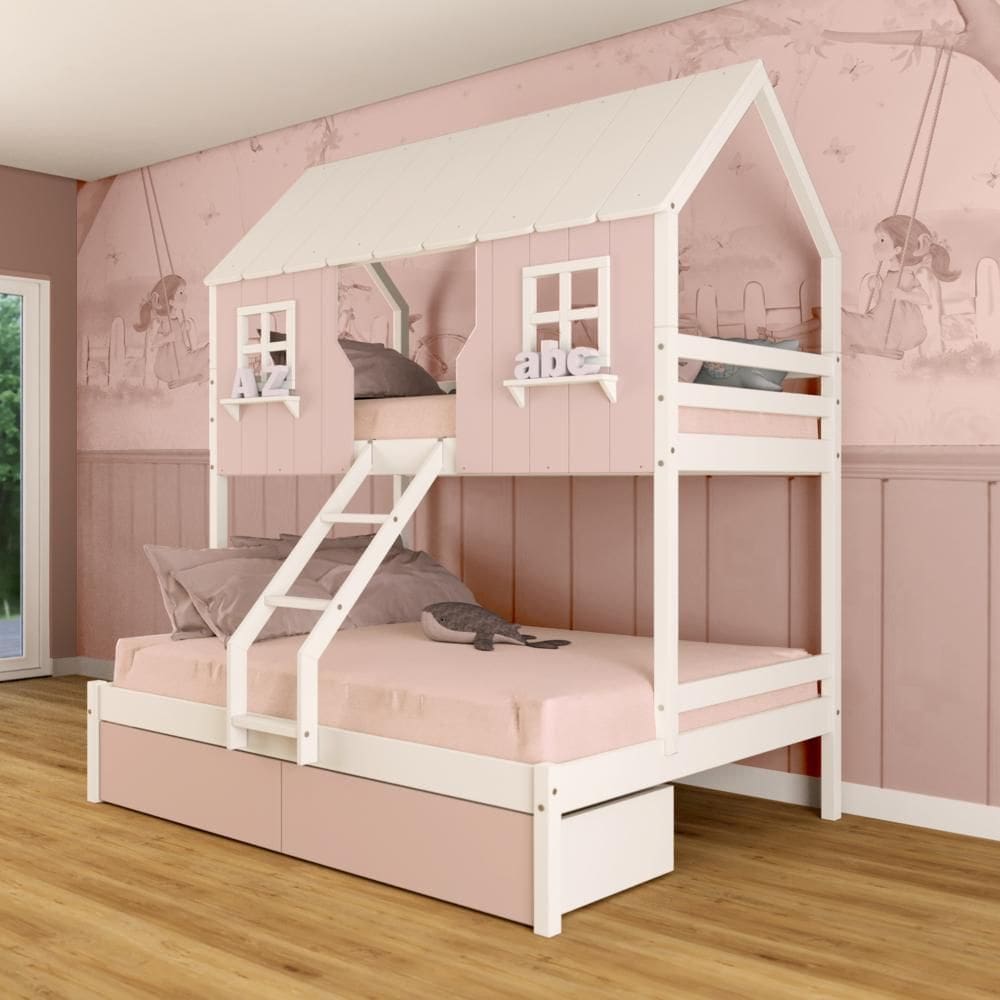 Beliche Casal/ Solteiro Casinha Encantada com 02 Gavetas Madeira Maciça Rosa/ Branco Megamobilia