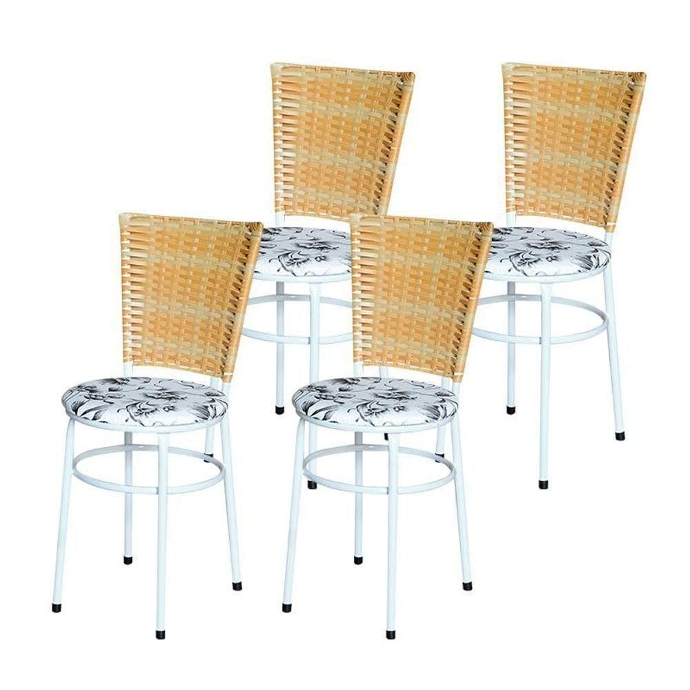 4 Cadeiras Para Mesa Branca Hawai Palha Com Assento Floral Branco