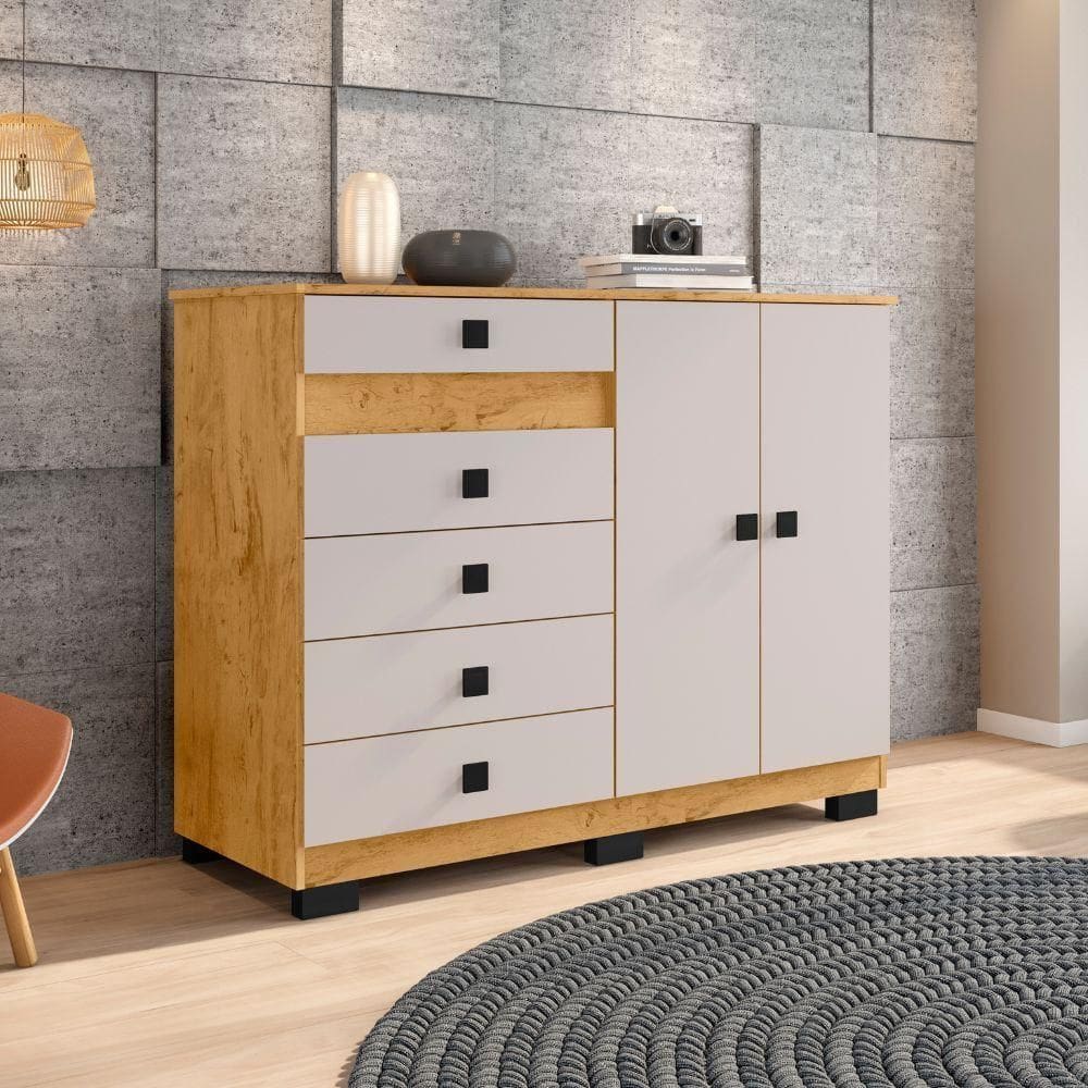Cômoda Araplac 2 Portas 5 Gavetas Freijo Baunilha