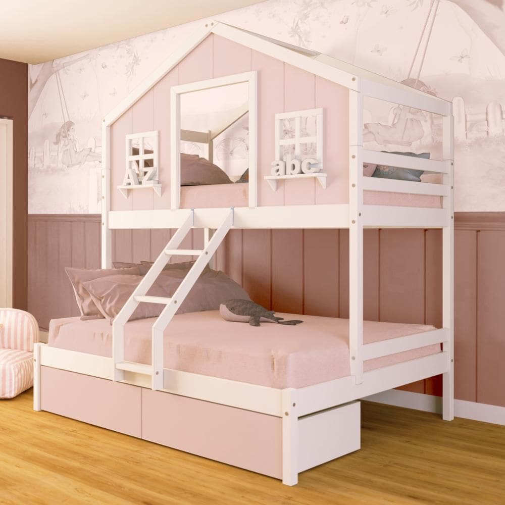 Beliche Casal/ Solteiro Casinha Sonhos com 02 Gavetas Rosa Madeira Maciça Rosa/ Branco Megamobilia