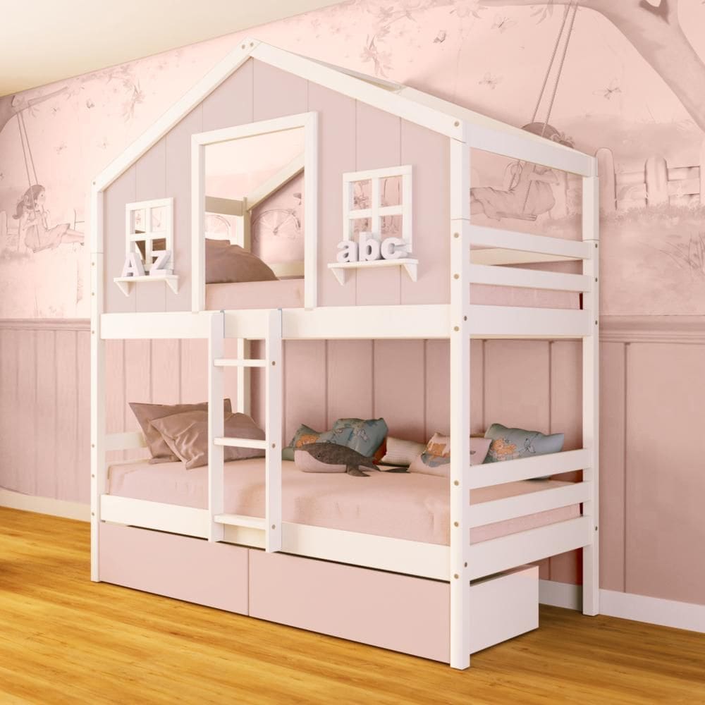 Beliche Casinha dos Sonhos com 02 Gavetas Rosa Madeira Maciça Rosa/ Branco Megamobilia