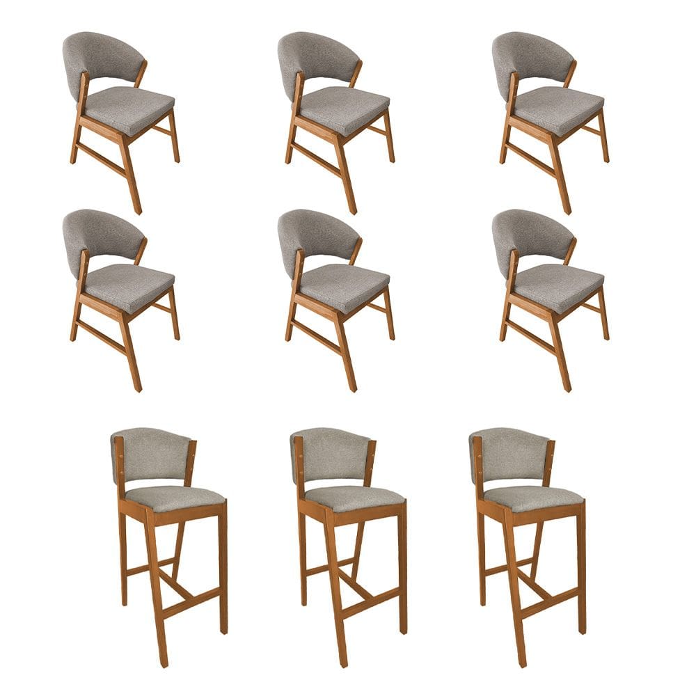 Kit 6 Cadeiras de Jantar Debora Madeira Maciça com 3 Banquetas Ana Cerejeira Premium Linho Bege