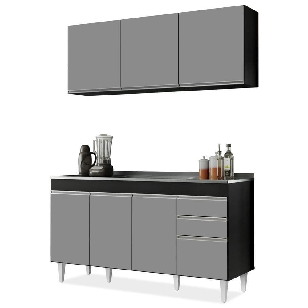 Armário Aéreo E Balcão Gabinete Pia Inox 150cm Preto/Cinza