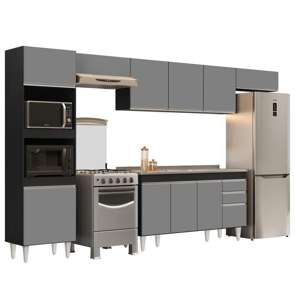 Armário De Cozinha Modulada 5 Peças Cp15 Com Pia Inox Preto/cinza - Lumil