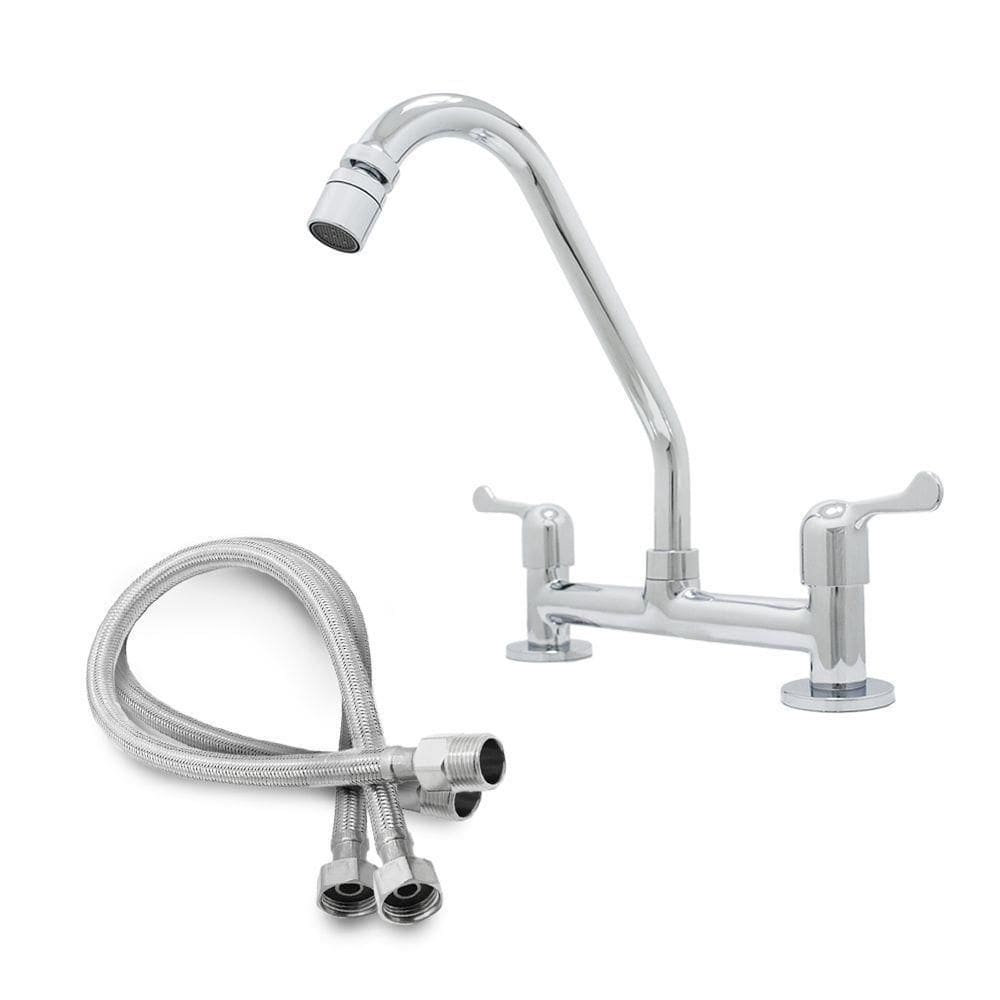 Torneira Misturador Cozinha Metal Bancada Mesa + 2 Engates Flexíveis Malha Aço