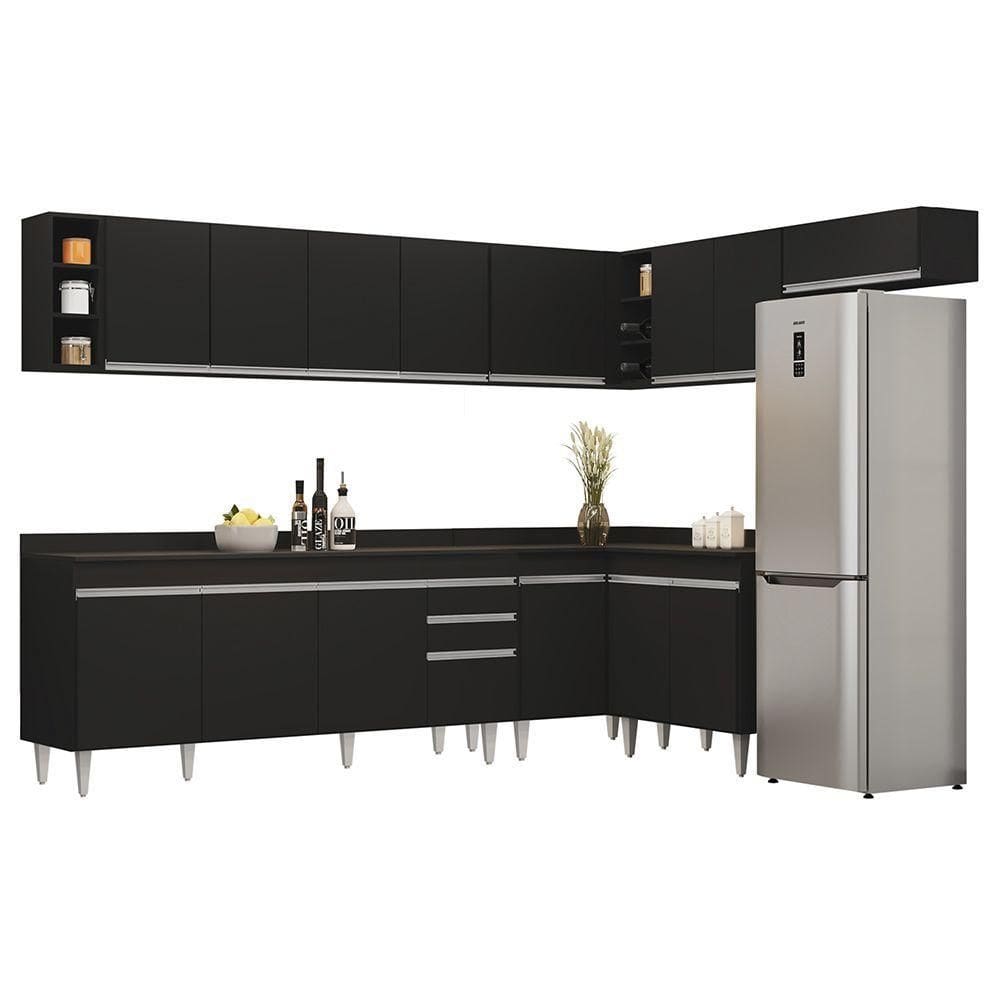 Armário De Cozinha Modulado De Canto 8 Peças Cp26 Balcão Com Tampo Preto