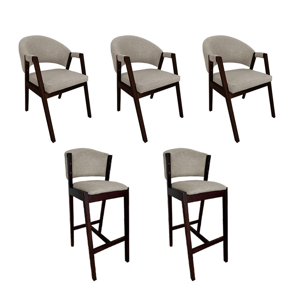 Kit 3 Cadeiras de Jantar Helen com 2 Banquetas Ana Madeira Maciça Castanho Premium Linho Bege